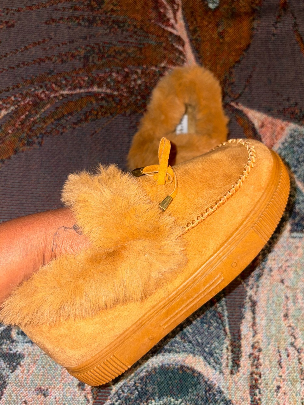 BAMBOO Suede Faux-Fur Trim Slip-On Loafers in Camel